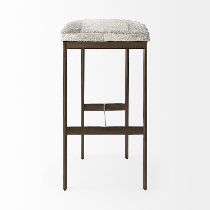 HomeRoots 35" Gray And Gold Leather And Hair on Hide Leather And Metal Backless Counter Height Bar Chair