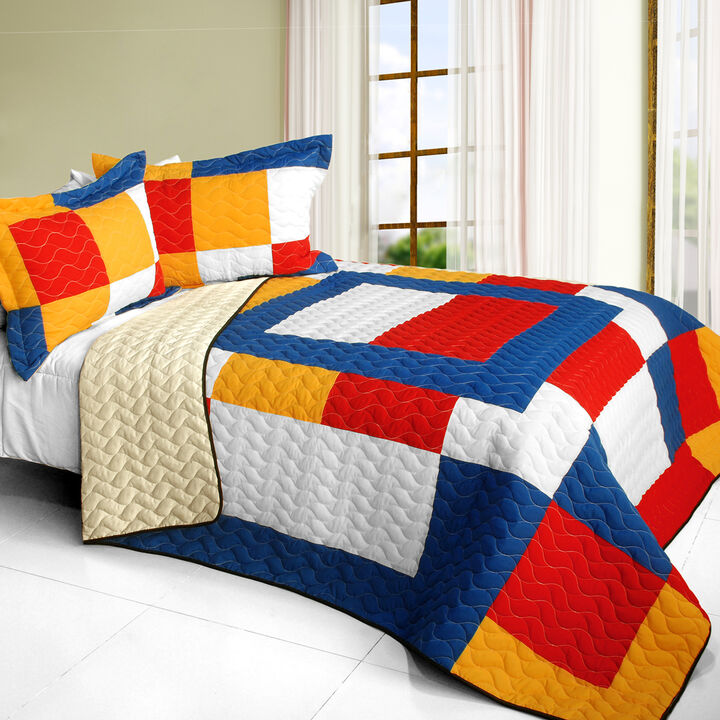 Patchwork Quilt Set 3 Piece with Vermicelli Quilting for Bedroom