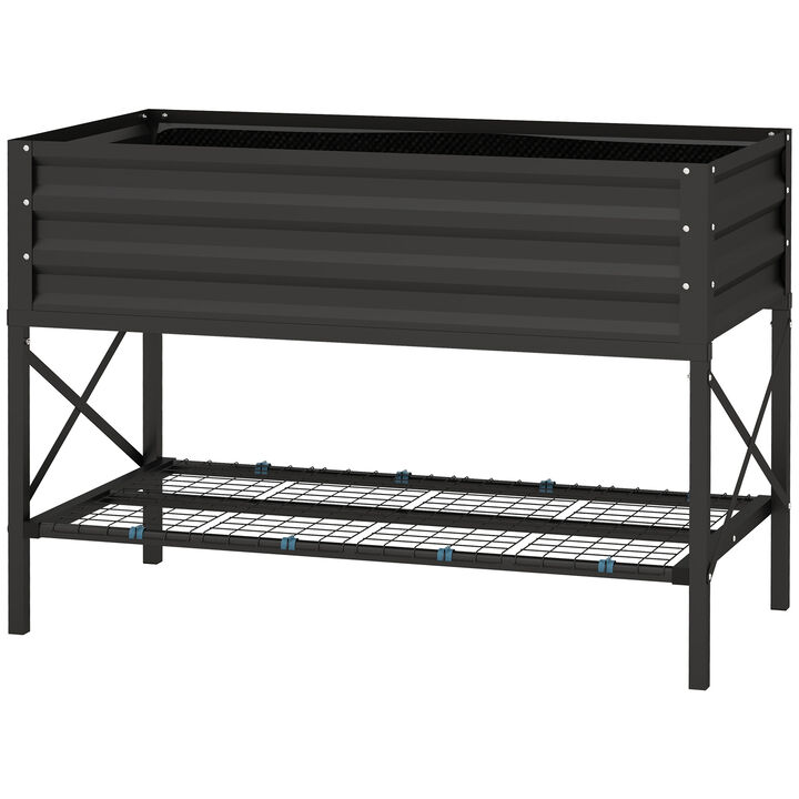 Outsunny Raised Garden Bed with Galvanized Steel Frame, Storage Shelf and Bed Liner, Elevated Planter Box with Legs for Vegetables, Flowers, Herbs, Black