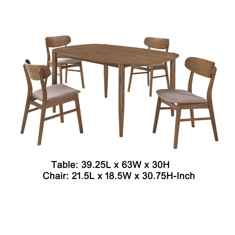 Dora 5pc Dining Table n 4 Chairs Set, Curved Scandinavian, Walnut Brown - Benzara