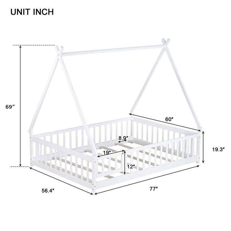 Whisen Wooden Teepee Tent Bed with Guardrails and Slats, Full Floor Bed with Door for Kids image number 9