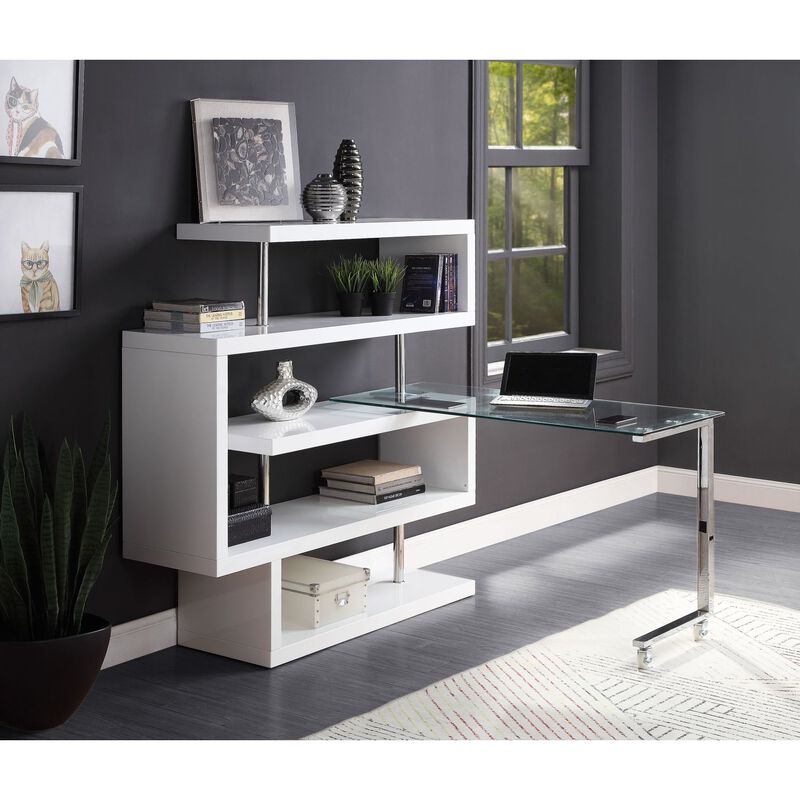 Raceloma Writing Desk w/Shelf, Clear Glass, White & Chrome Finish 93179 image number 2