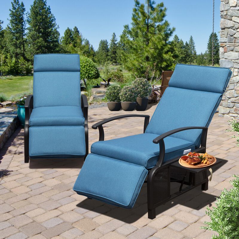 Mondawe Adjustable Patio Recliner Chair Metal Outdoor Lounge Chair with Flip Table Push Back, Adjustable Angle, With Removable Cushions