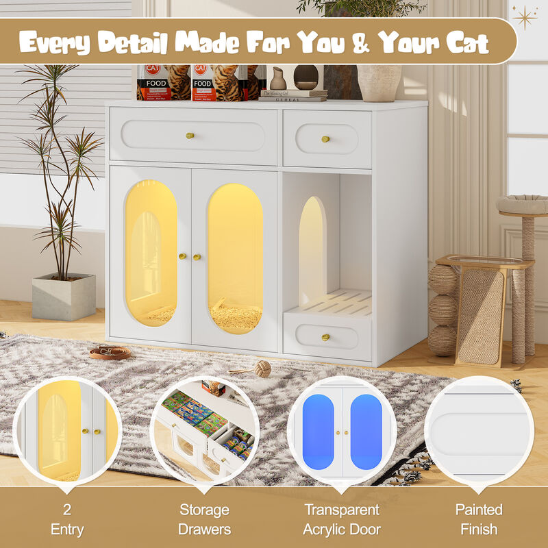 Whisen 37" Pet Furniture, Cat Litter Box Enclosure with 2 Drawers & Side Collection, MDF & Acrylic Hidden Litter Furniture End Table image number 3