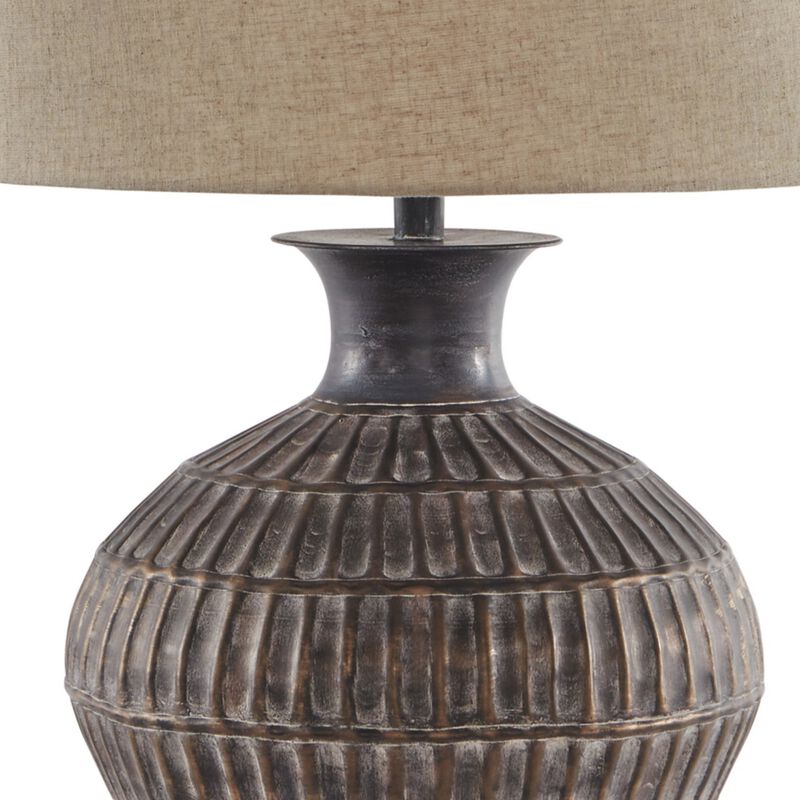 Metal Table Lamp with Bellied Embossed Vertical Lines Base, Antique Bronze-Benzara image number 3