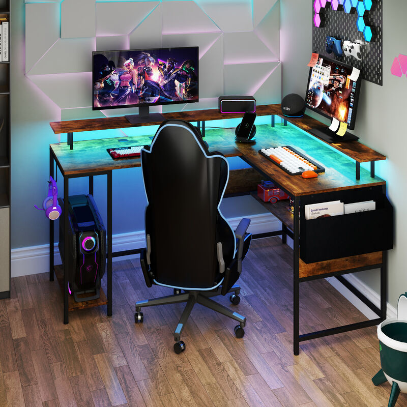 L Shaped Computer Desk with LED Lights and Built In Power Outlets for Gaming image number 8