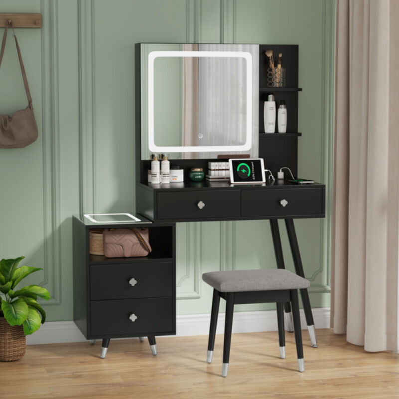 LED Lighted Mirror Cabinet with 4 Drawers & 2-Tier Shelf, Solid Wood Legs