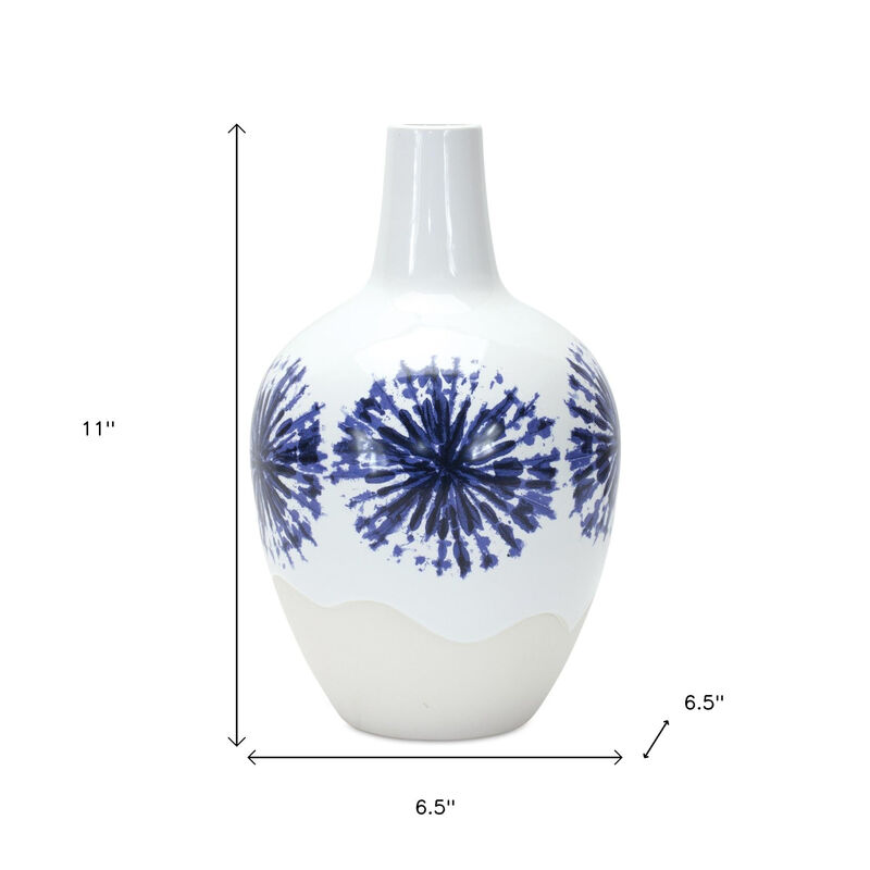 HomeRoots 11" White And Blue Geometric Medallion Ceramic Urn Vase image number 3