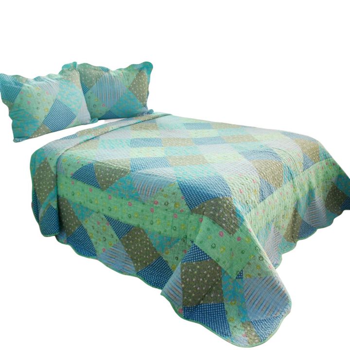 Colorful Glamor Queen 3PC Cotton Quilted Printed Bedding Set Soft Lightweight Quilt Set