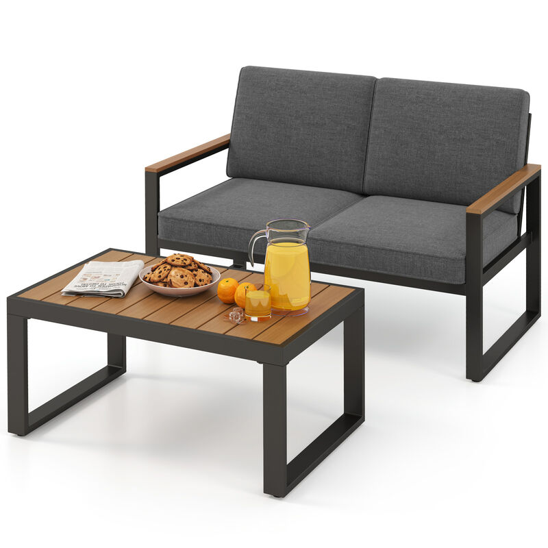 2-Piece Outdoor Aluminum Patio Set with Wood-Plastic Armrests and Table - Grey image number 3