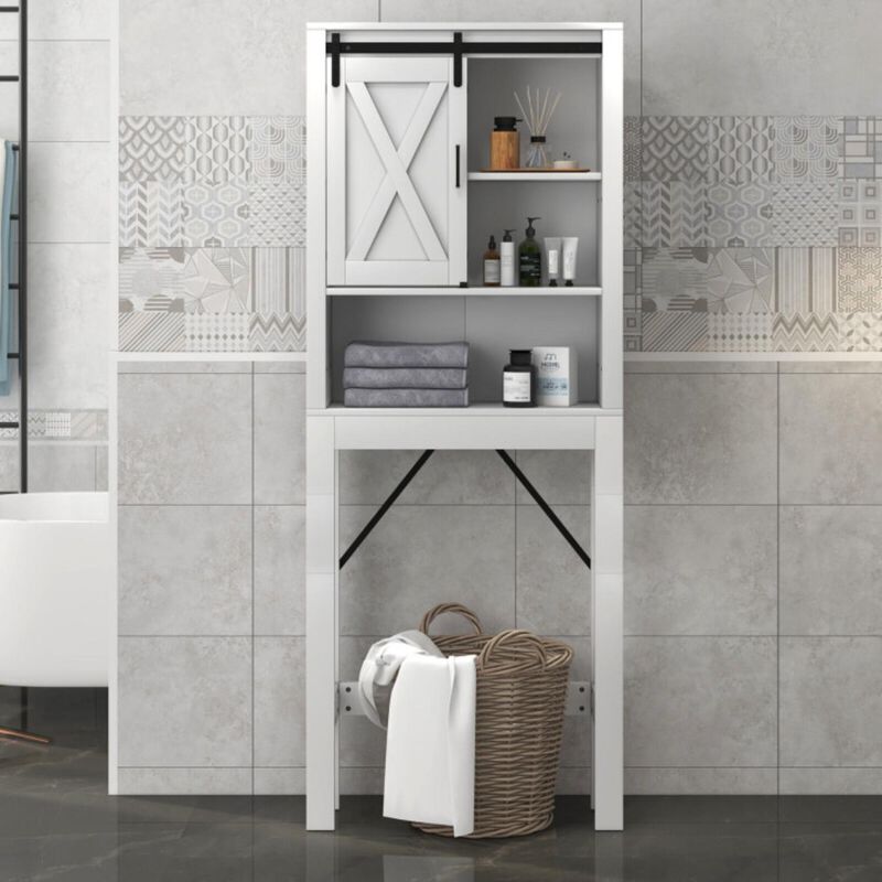 3-Tier Wooden Bathroom Cabinet with Sliding Barn Door and 3-position Adjustable Shelves