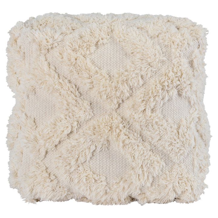 24 Inch Cotton Accent Pouf, Handwoven Textured Geometric Shag, Off White-Benzara