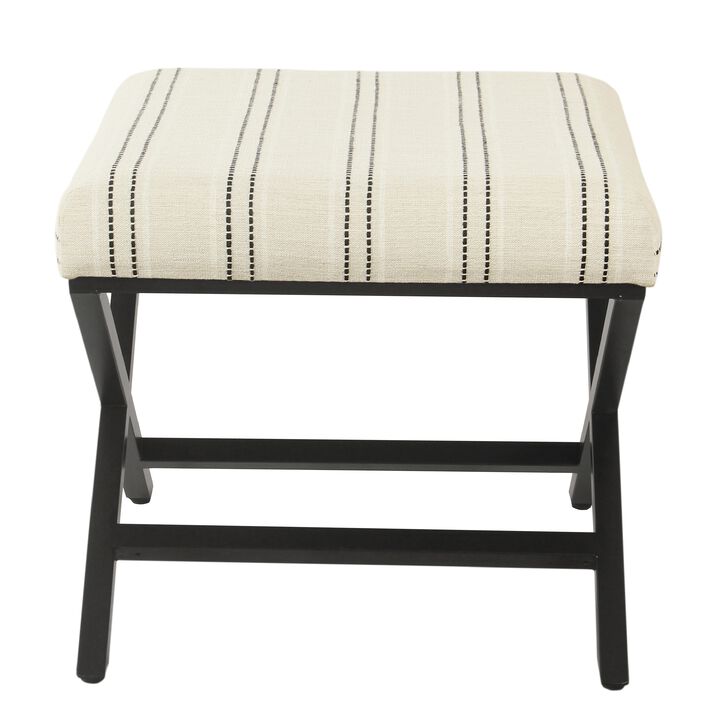 Square Ottoman Footstool, Black Metal, White Striped Polyester 20 Inch