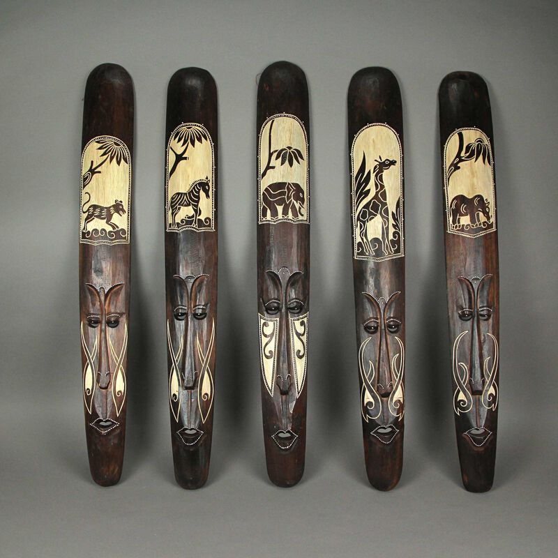 Set of Five 39 Inch Hand Carved African Style Tribal Masks Wall Bar Decor image number 3