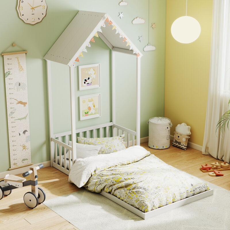 Twin Floor Bed with House Roof and Semi-Fence for Kids Bedroom image number 1