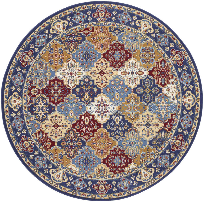 8 Red Round Damask Power Loom Area Rug