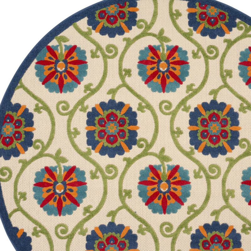 HomeRoots 8' Navy Blue Beige Green Blue And Red Round Floral Indoor Outdoor Area Rug image number 3