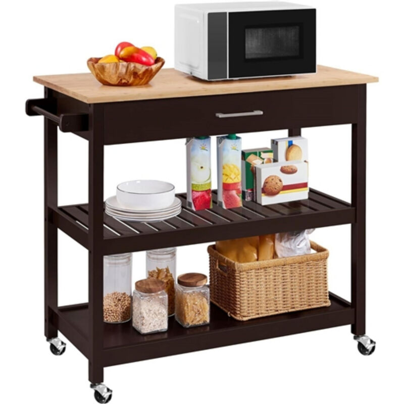Rolling Kitchen Cart with Wood Top Storage Drawer and 2 Shelves