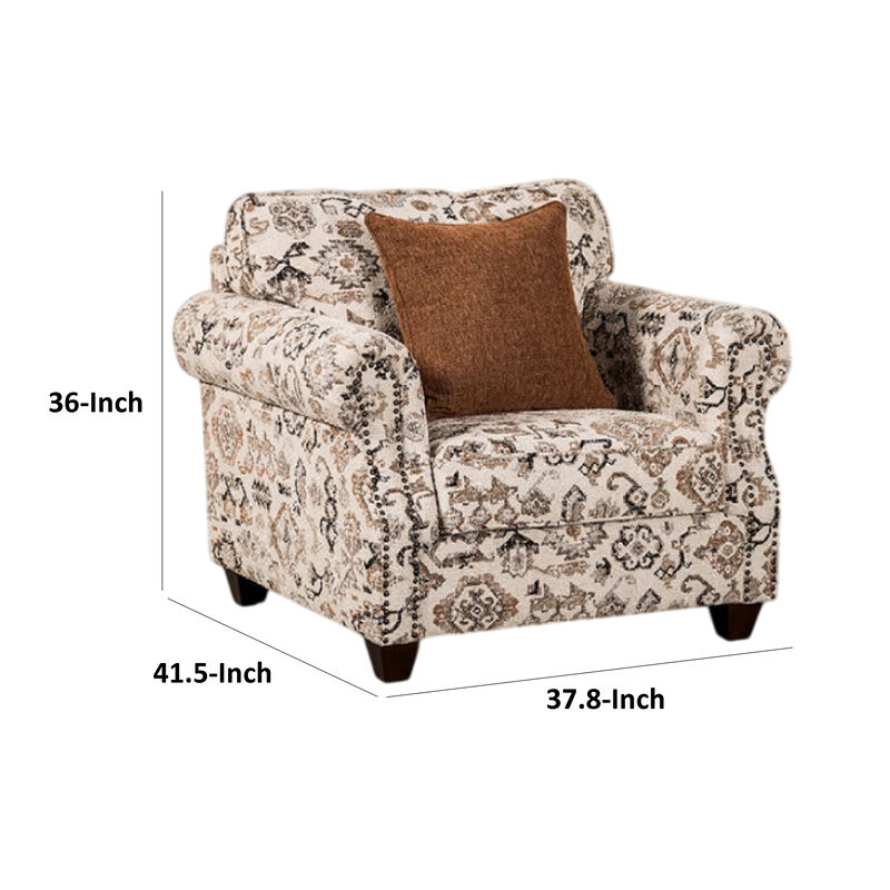 Bonie Accent Club Chair, 1 Brown Throw Pillow, Taupe Polyester Pattern - Benzara