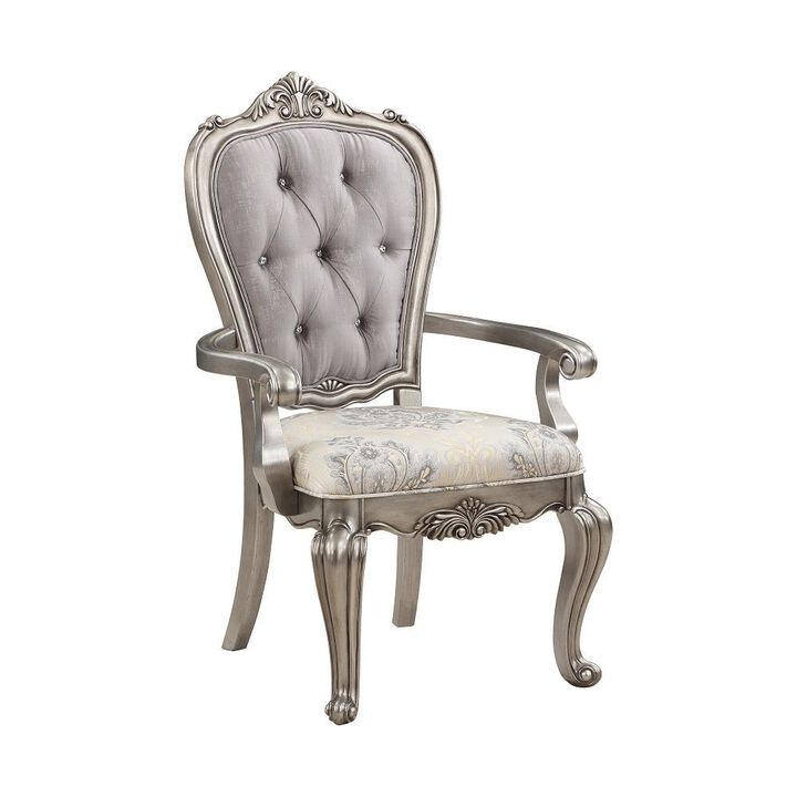 Aria 27 Inch Side Dining Chair Set of 2, Velvet, Antique Platinum Tone - Benzara