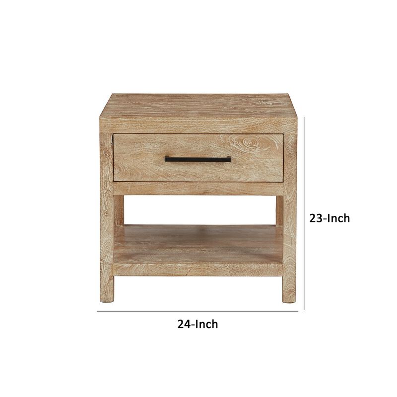 24 Inch Square Side End Table, Brown Mango Wood, Single Gliding Drawer-Benzara