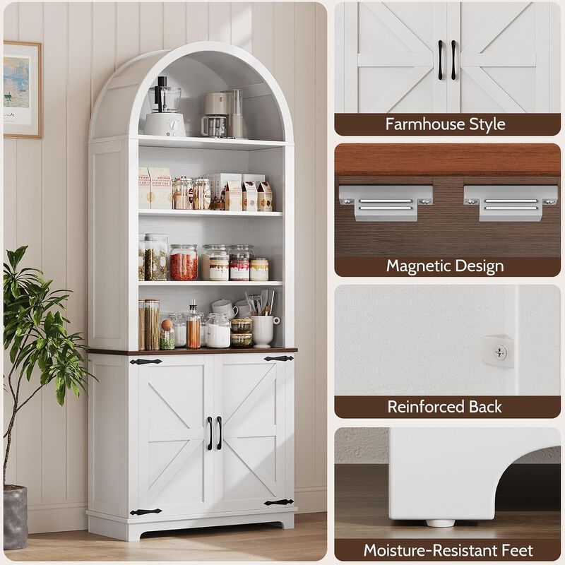 6-Tier Arched Bookcase, 70" Tall Wooden Bookshelf with Door, Arched Cabinet with Open Shelves, Floor Standing Display Bookcase for Home, Office image number 5