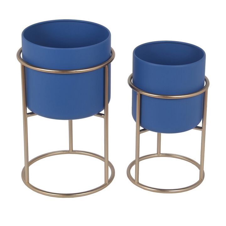 Round Planter with Metal Frame Base, Set of 2, Blue and Gold-Benzara