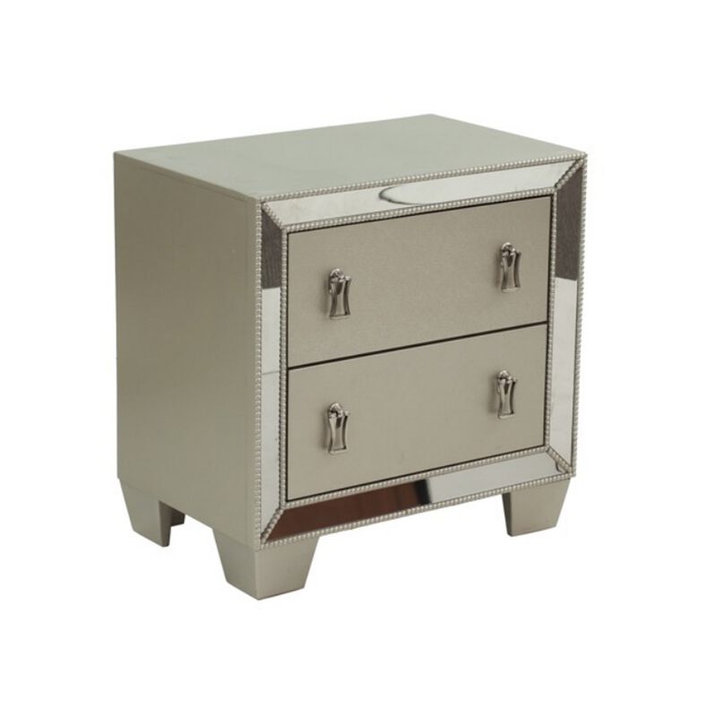 Dem 26 Inch Nightstand with 2 Drawers, Platinum Trim, Silver Wood Finish - Benzara