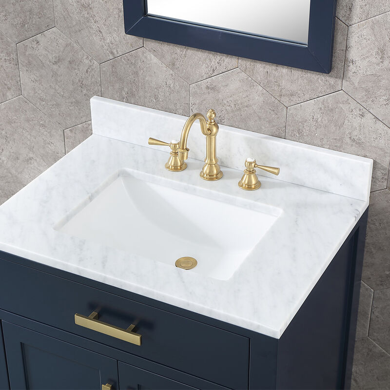 Madison 30 In. Single Sink Carrara White Marble Countertop Bath Vanity In Monarch Blue with Satin Gold Hardware