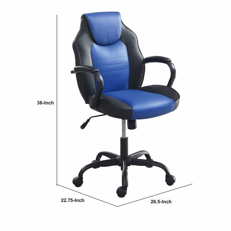 Rue 27 Inch Ergonomic Office Chair, Faux Leather Swivel Seat, Black, Blue-Benzara