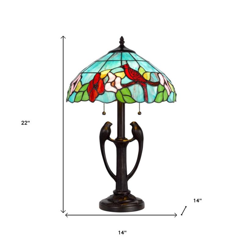 Hivvago 22" Bronze Two Light Tiffany Table Lamp With Aqua and Red Floral Shade
