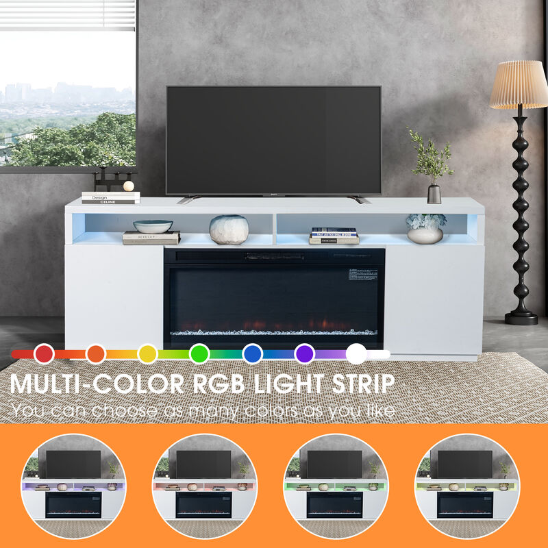 68" White LED TV Stand with Storage and 36" Insert Electric Fireplace for TVs up to 78"