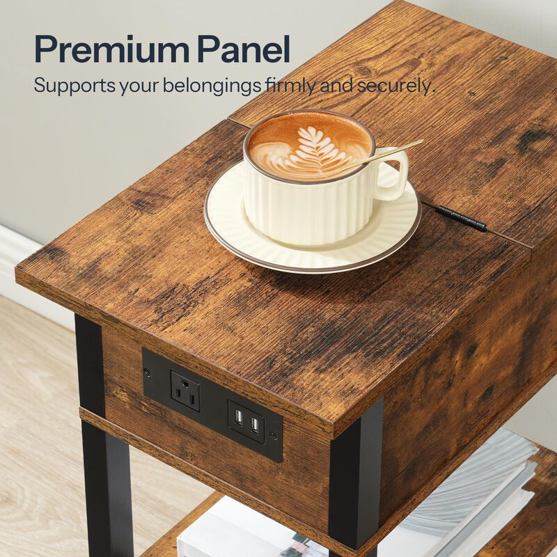 HOOBRO End Table with Charging Station, Flip Top Side Table with USB Ports, Narrow Nightstand Bedside Tables with Storage Shelve