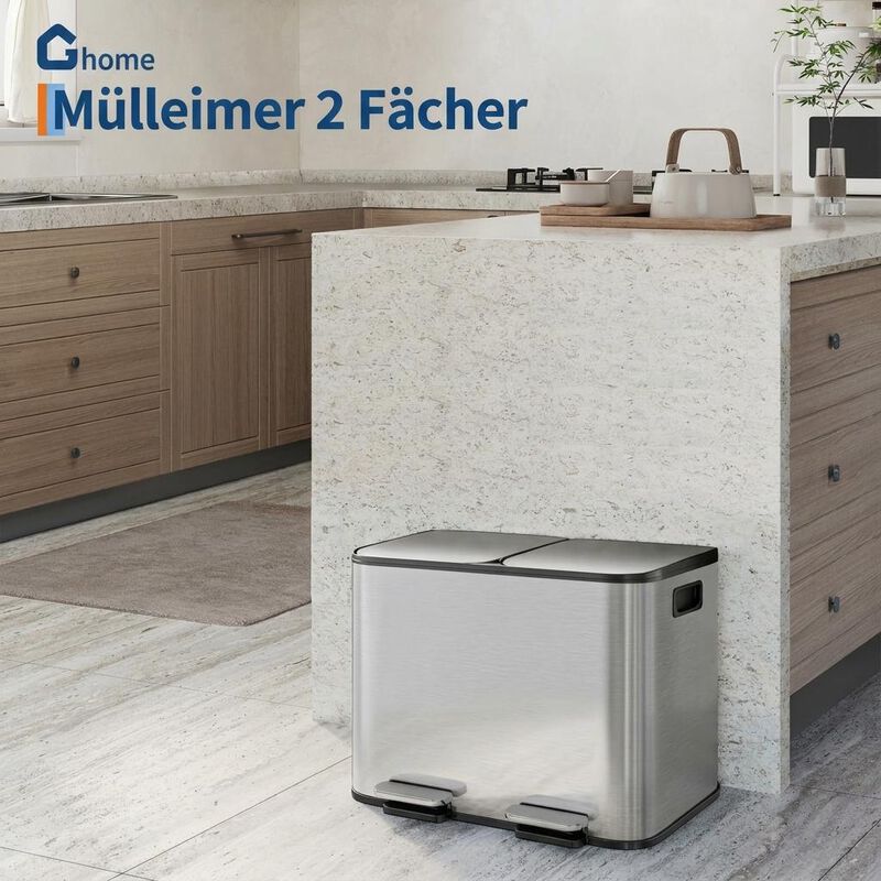 Stainless Steel Dual Compartment Trash Can. 2x15L Removable Buckets, Soft-Close Lid, Touchless pedal image number 1
