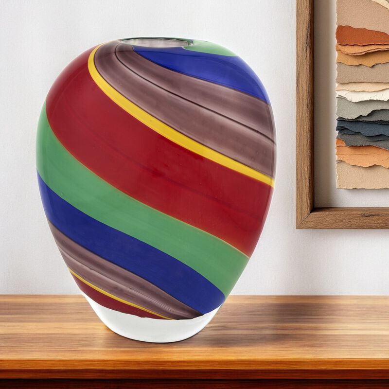 Elegant Striped Round Glass Vase &ndash; Decorative Tabletop Vase for Centerpieces and Home Accents
