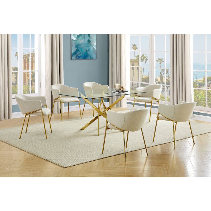 Best Quality Furniture 7Pc Rectangle Glass Dining Table With 6 Beige Side Chairs