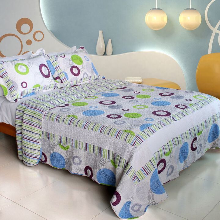 Bubble Ocean King Size 3PC Cotton Quilted Printed Patchwork Style Bedding Set