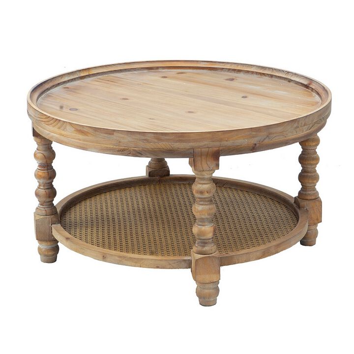 Jake 30 Inch Coffee Table, Fir Wood, Lower Tier Woven Wicker Shelf, Brown-Benzara