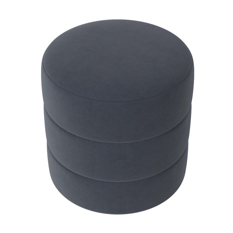 Sem Round Accent Ottoman, Royal Blue Channel Stitched Velvet 18 Inch - Benzara