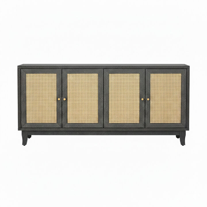 TATEUS Handcrafted Grain Panel Rattan Credenza, 4 Doors Modern Storage Console Adjustable Shelves Living Room