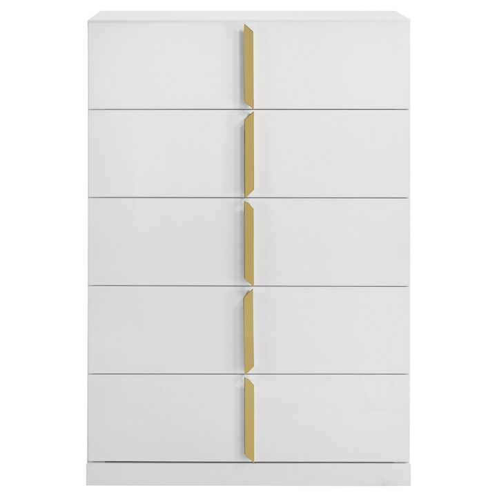 Orion Tall Dresser Chest with 5 Drawers, Gold Handles, Glossy White Wood