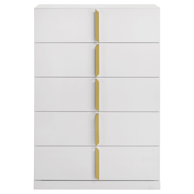 Orion Tall Dresser Chest with 5 Drawers, Gold Handles, Glossy White Wood image number 0