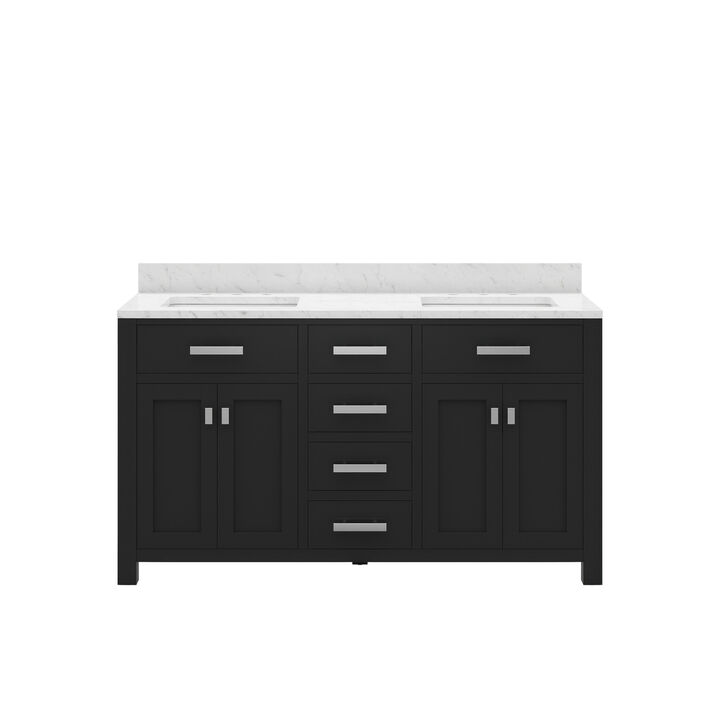 Madison 60 In. Double Sink Carrara White Marble Countertop Bath Vanity in Espresso