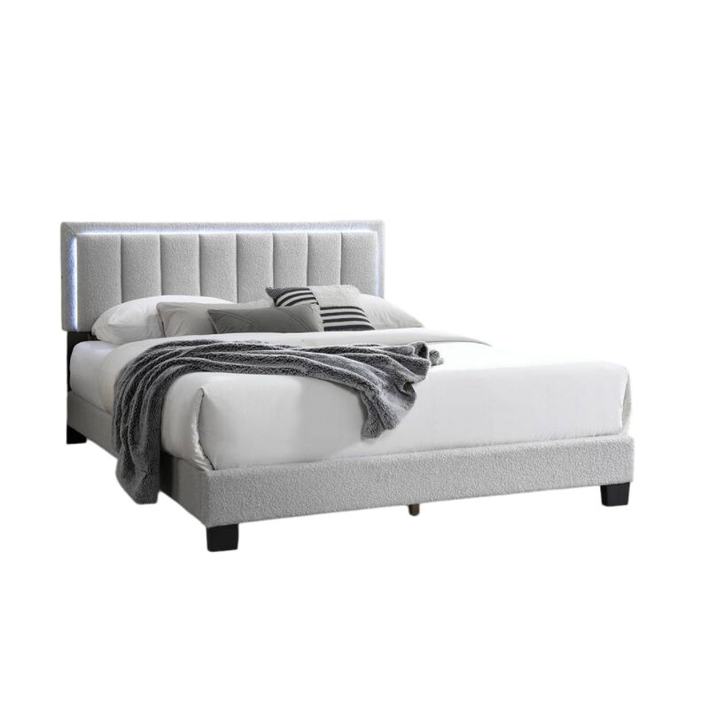 Zemo Queen Size Bed, LED Headboard, Tufted Light Gray Wool Upholstery - Benzara