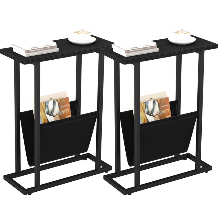 Yusong Narrow Side Table for Small Spaces, Small End Table Set of 2 with Magazine Holder Table, Skinny Slim Little Thin Table fo