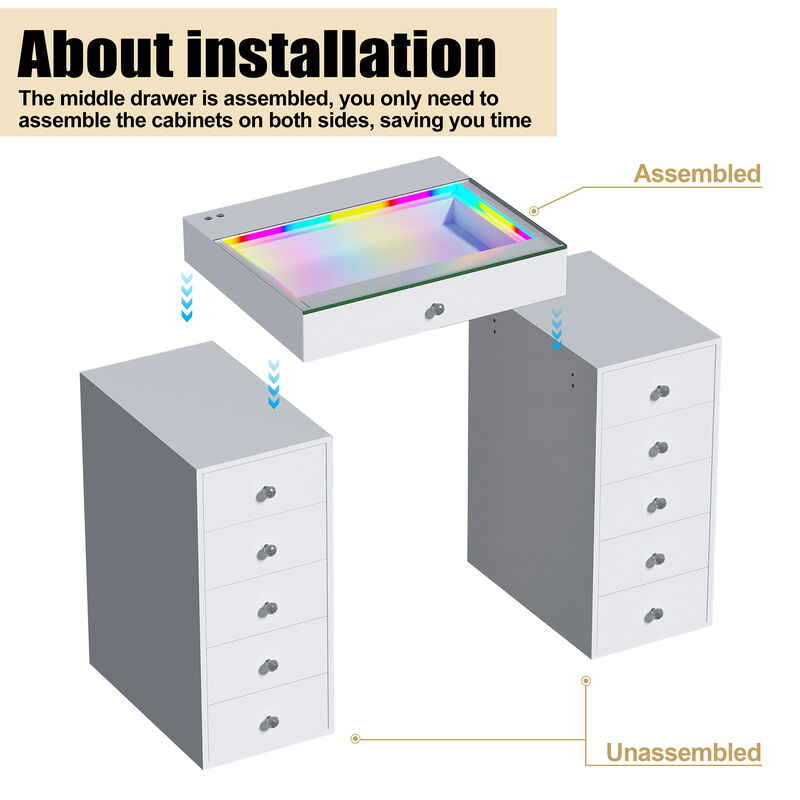 VANITII 11 Drawers Modern Makeup Vanity Desk  with RGB Lights for Bedroom White 3 packages (Need Assembled by yourself)
