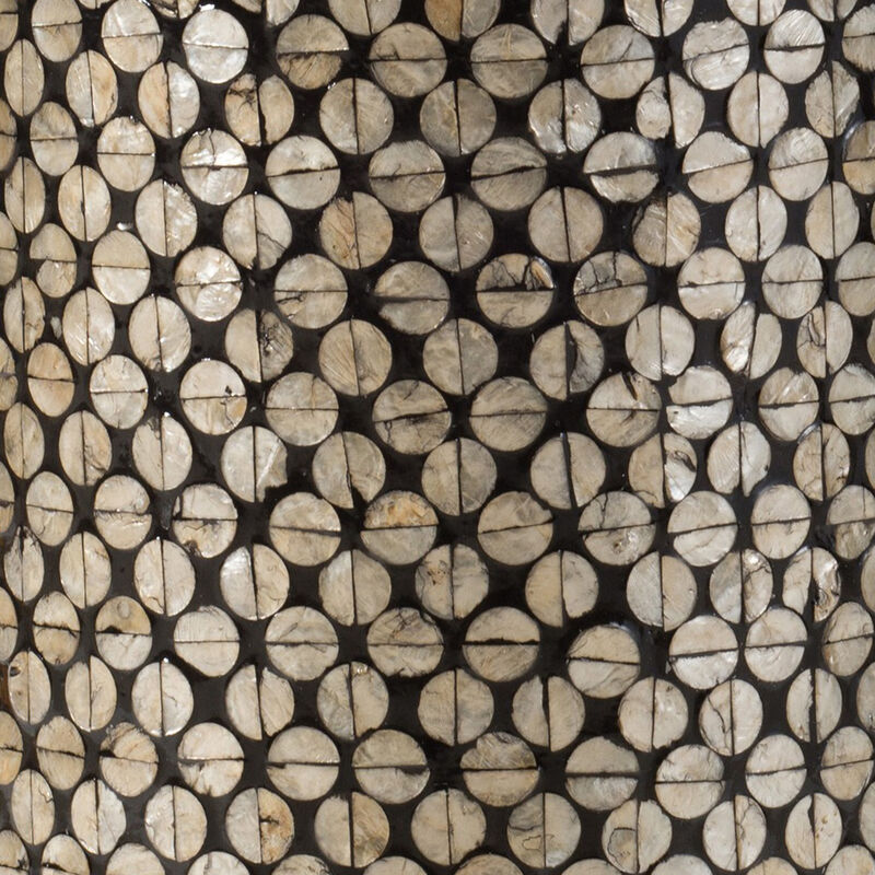 20 Inch Stool Table, Round Wood Design, Modern, Capiz Inlay, Black, White