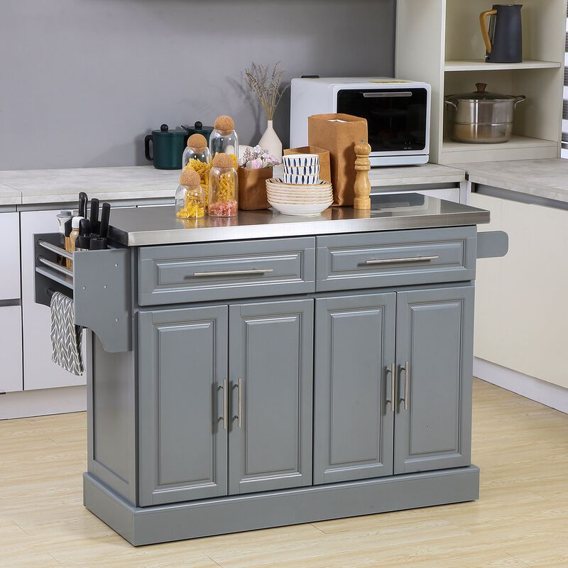 Gray Mobile Kitchen Aid: Stainless Top Cart with Drawers & Cabinets
