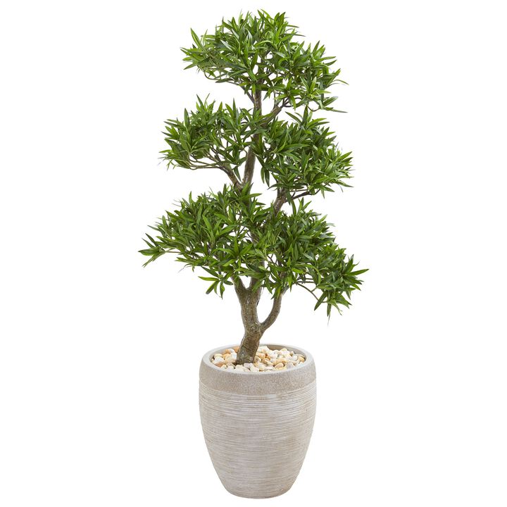 HomPlanti 43 Inches Bonsai Styled Podocarpus Artificial Tree in Sandstone Planter