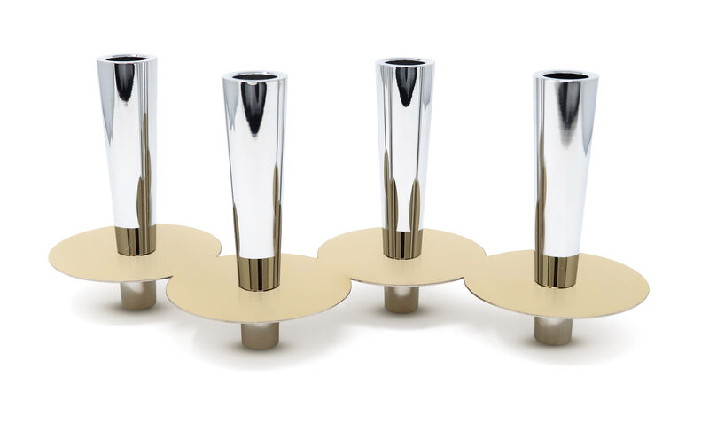 HomeRoots 6" Silver And Gold Stainless Steel Tabletop Four Light Taper Candle Holder image number 2